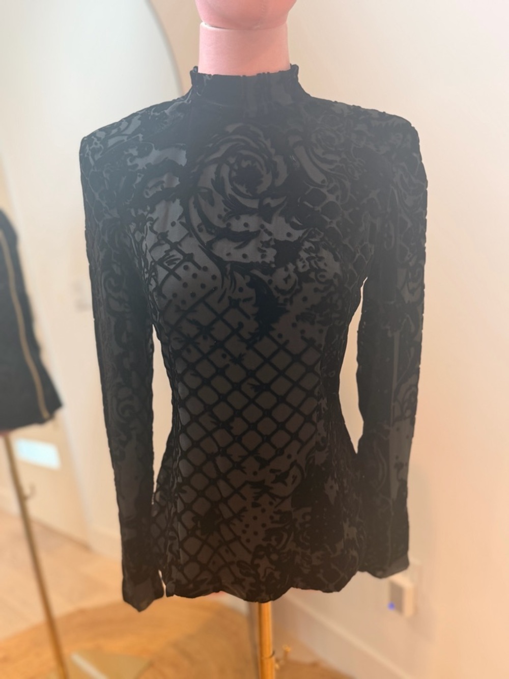 Balmain x H&M Black Velvet Floral Long-Sleeve Mock Neck Top